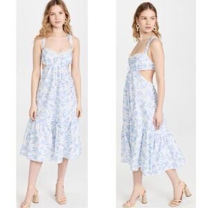 For Love & Lemons Maisie Floral White and Blue Cutout Midi Dress Size Medium